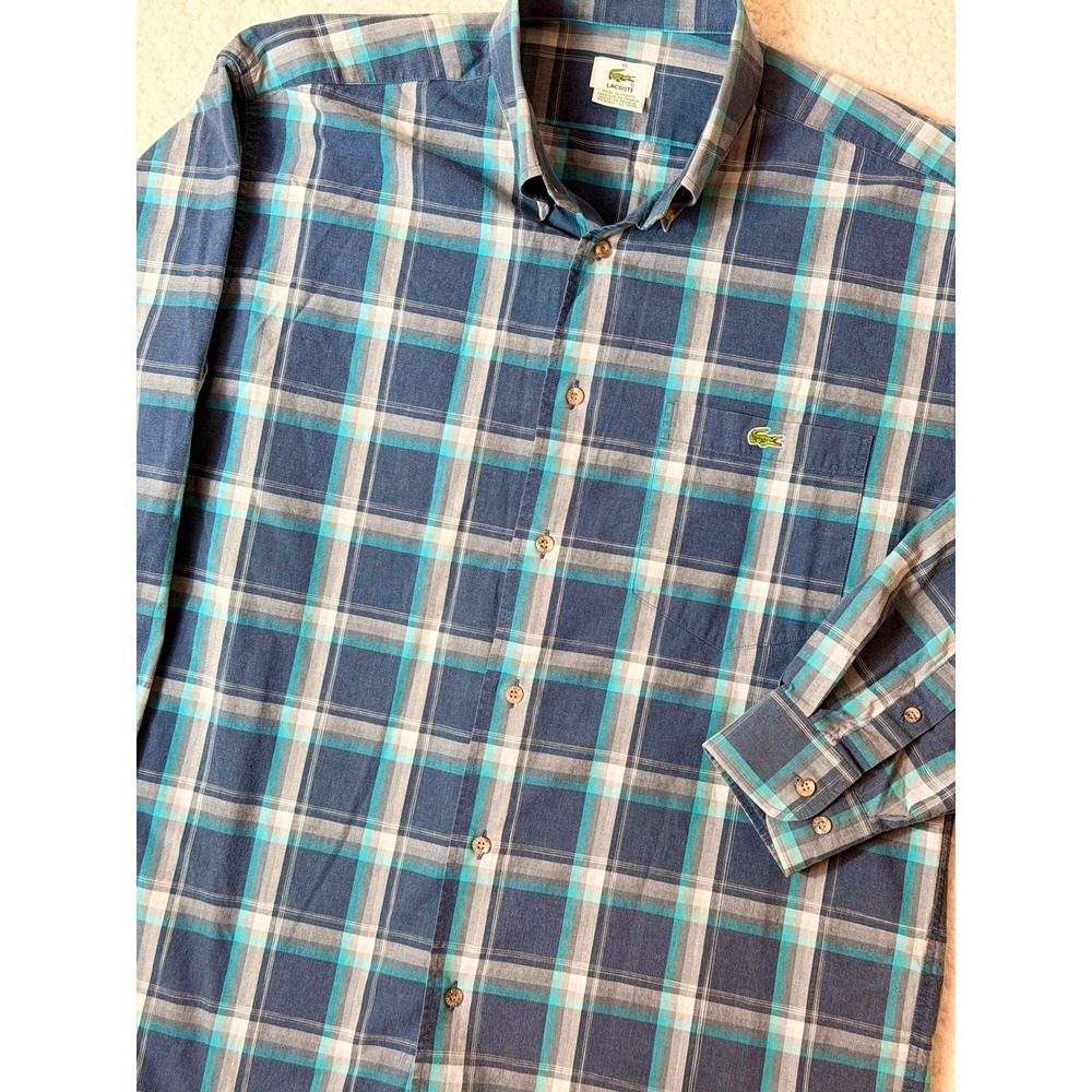 Lacoste Mens Size 40‎ Blue Teal Plaid Button Down Shirt Made in France Cotton
